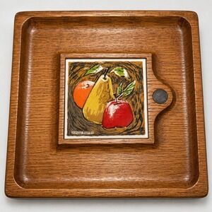 Vintage Fred Press Mid Century Wood Cheese Board Ceramic Fruit Tile Inset MCM